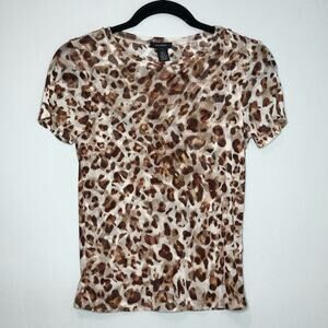 Halogen Semi Sheer Mesh Cheetah Print Short Sleeve Stretch Top Size XSmall